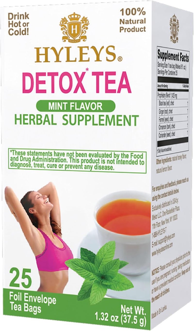 Hyleys Detox Tea - Mint Flavor Herbal Supplement with Green Tea, Ginger & Fennel - 25 Tea Bags - Image 1